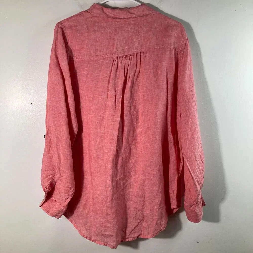 Womens Sigrid Olsen Linen V Neck Pullover 1/4 Button Tunic Peach L Roll Tab Slee - Picture 2 of 9